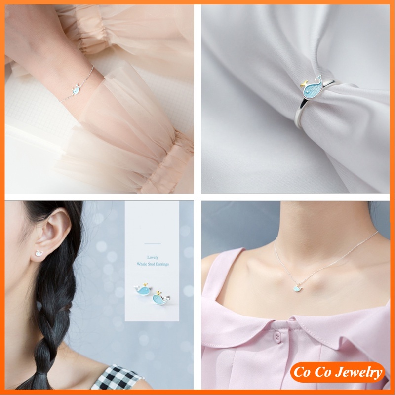 Bộ trang sức dây chuyền vòng tay nhẫn gắn hình cá voi xanh dương kiểu Hàn Quốc cá tính đáng yêu cho nữ (có bán lẻ)