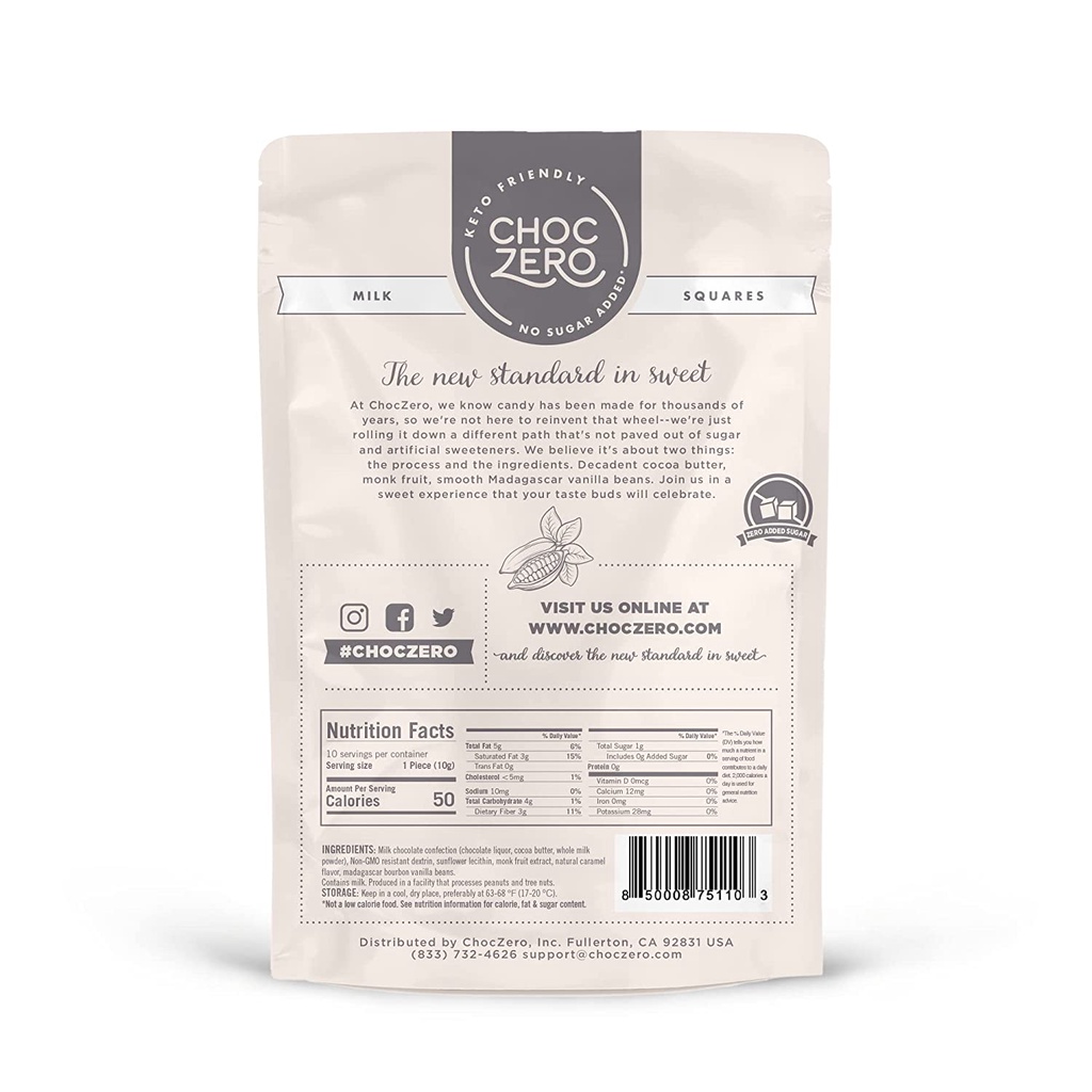 TÚI SOCOLA SỮA VUÔNG Choczero MILK CHOCOLATE SQUARES, KHÔNG ĐƯỜNG, ĂN KIÊNG Keto, Non GMO, Gluten Free, 100g (3.5 oz)