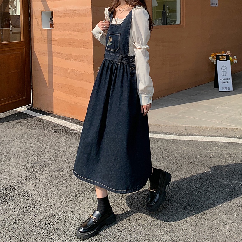 Đầm Yếm Denim Dáng Rộng Thêu Hoa Xinh Xắn 48882