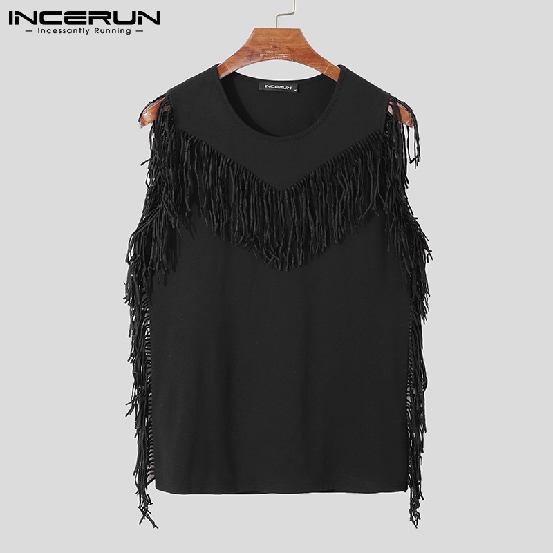 Áo thun INCERUN không tay cổ tròn gắn tua rua sành điệu cho nam
