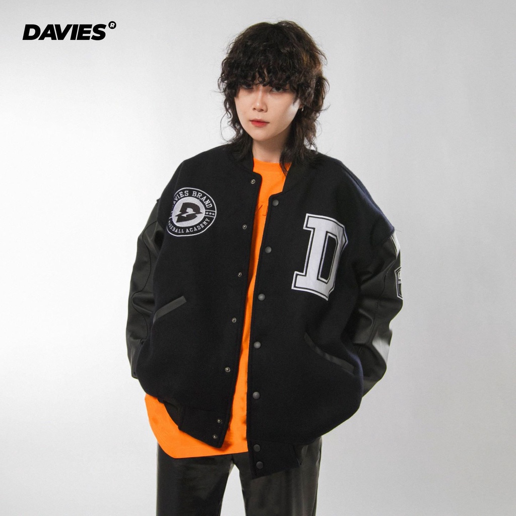 Áo khoác varsity jacket nam nữ màu đen phối tay da đẹp local brand DAVIES