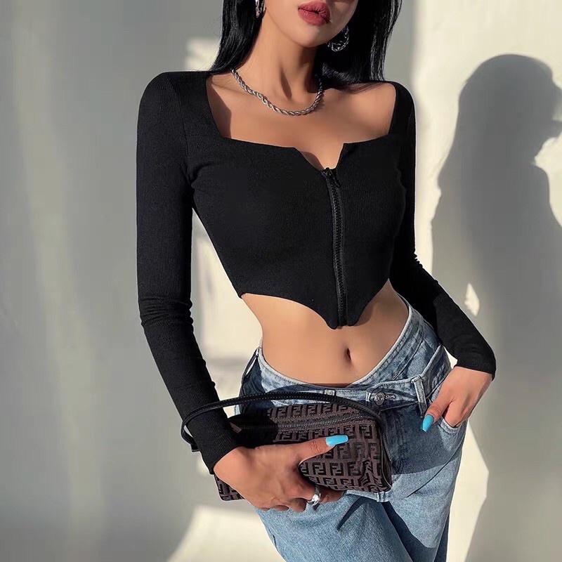 Áo croptop cổ vuông kéo khoá khoét eo nhọn