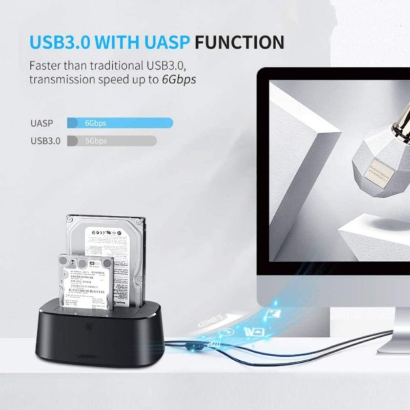 HDD Docking hộp đựng ổ cứng đôi 2.5/3.5 inch Sata/USB 3.0 hỗ trợ 16TB Ugreen 50854 cao cấp - Hàng Chính Hãng