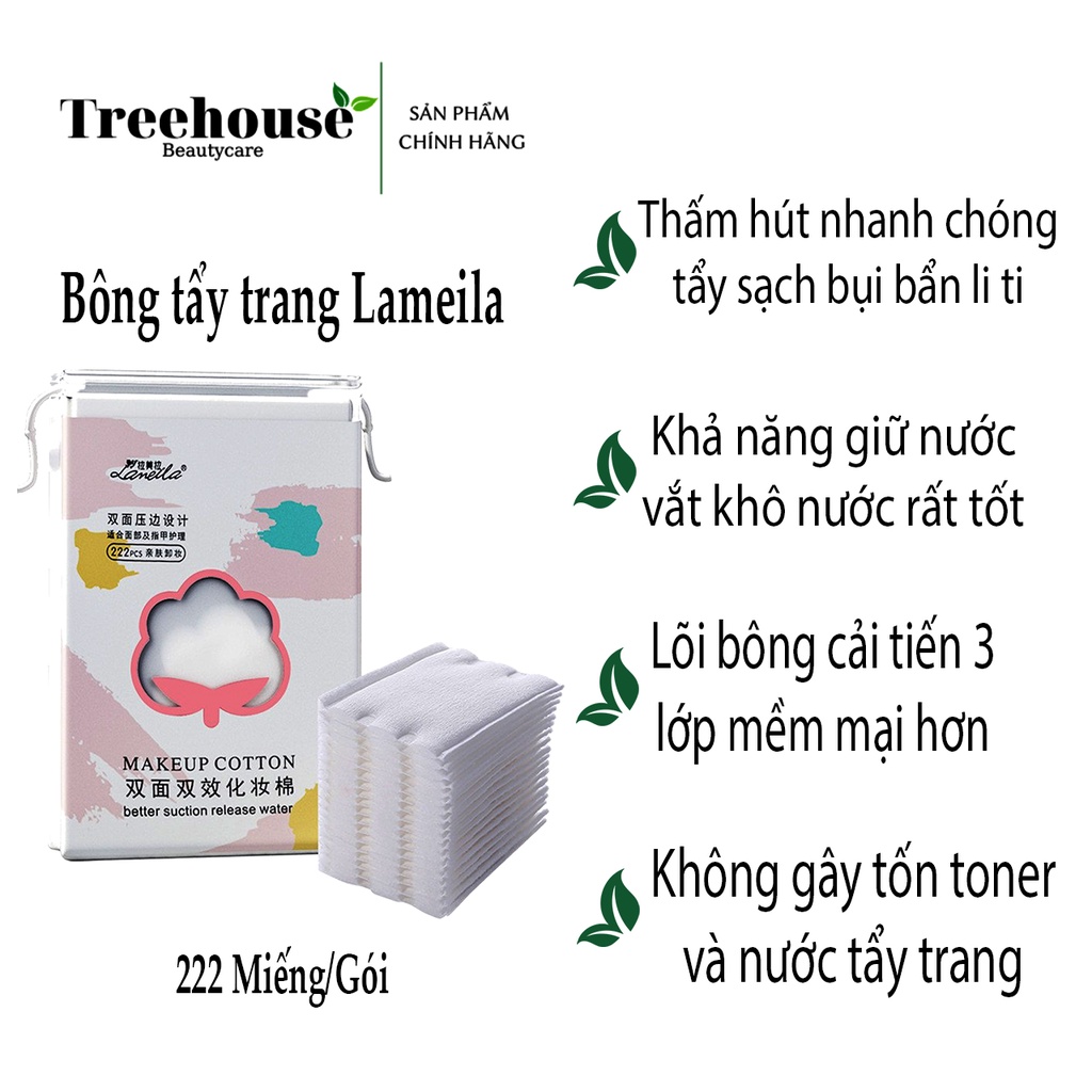 Bông Tẩy Trang Lameila - Bông Tẩy Trang 222 Miếng mẫu mới túi rút tiện lợi 3 lớp dày dặn làm sạch da mặt 100% cotton