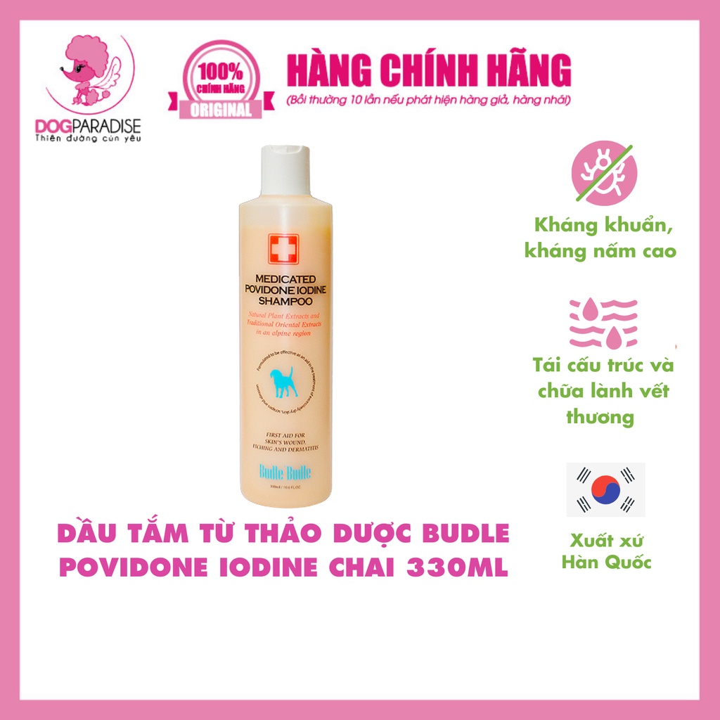 Dầu tắm từ thảo dược Budle Povidone Iodine đặc tr.ị các b.ệnh về da cho thú cưng chai 330ml - Dog Paradise