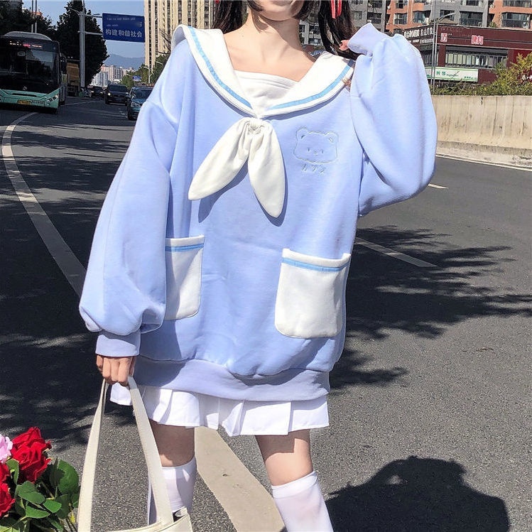 Áo sweater Cổ Thủy Thủ Tay Dài Dáng Rộng In Hình Gấu Dễ Thương Thời Trang Thu Đông Nhật Bản Cho Bạn Gái