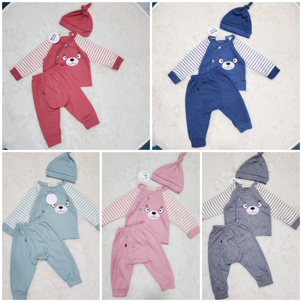 Bộ sơ sinh cài lệch vải tăm dày mùa đông tặng kèm mũ cho bé (3-9kg)