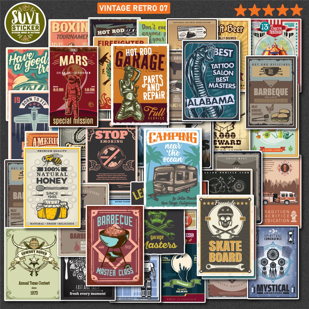 50 Sticker Vintage Retro 7 chống nước sticker dán laptop, điện thoại, đàn guitar, mũ bảo hiểm, vali. MSP:VR07