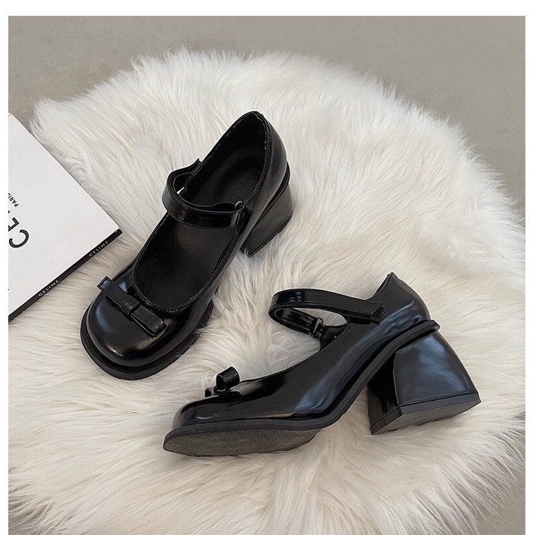 Giày cao gót Lolita mũi tròn đính nơ 7,5cm Giày Mary Jane