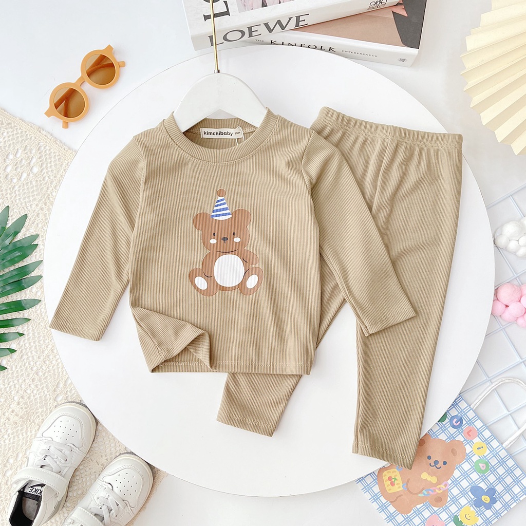 Bộ Thun Gân Dài Tay Cho Bé Gái, Bé Trai Minky Mom Hoạ Tiết In Gấu, Bộ Quần Áo Cho Bé Mặc Nhà Thu Đông MKMTD2223