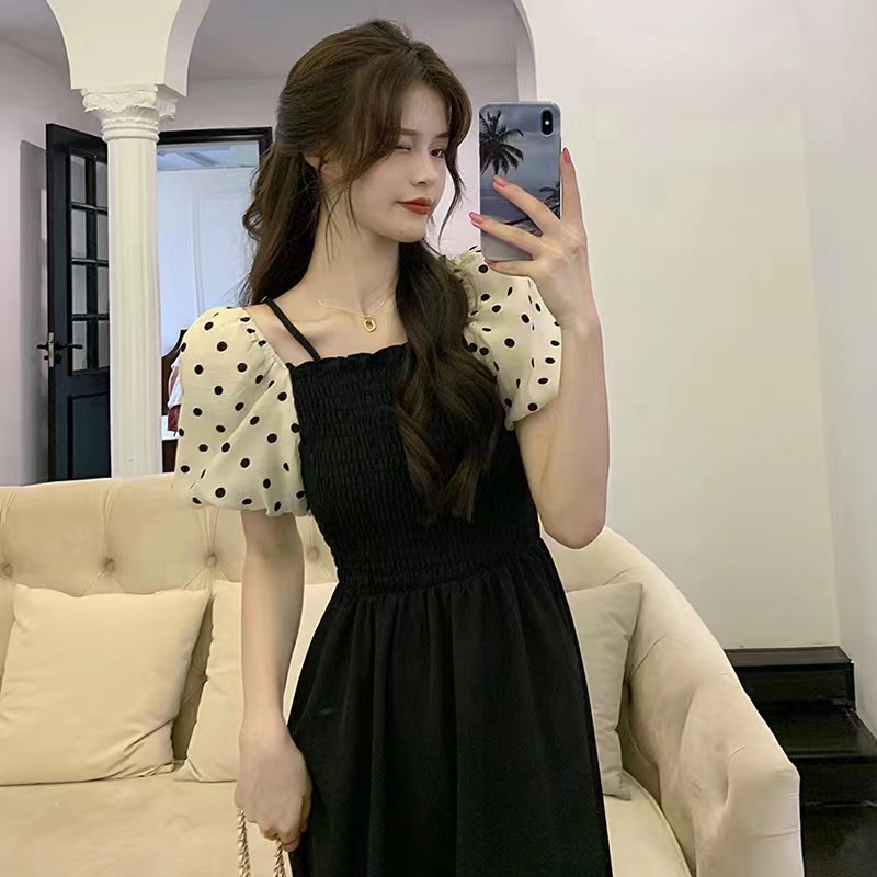 Đầm PERTY dáng dài tay ngắn phồng họa tiết chấm bi phong cách Hàn Quốc mới thời trang mùa hè dành cho nữ