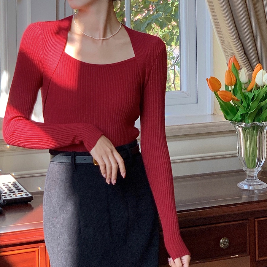 SUXI Áo Sweater Dệt Kim Cổ Vuông Màu Sắc Cổ Điển Thời Trang Mùa Thu Cho Nữ