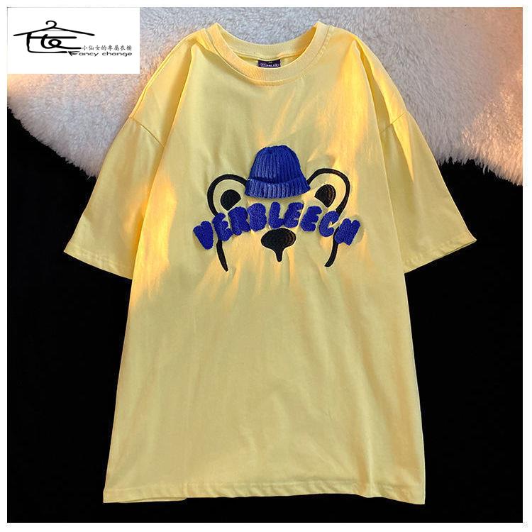 Áo Thun Ngắn Tay Dáng Rộng Thêu Hình Gấu Kiểu Hàn Quốc Thời Trang Mùa Hè Cho Các Cặp Đôi