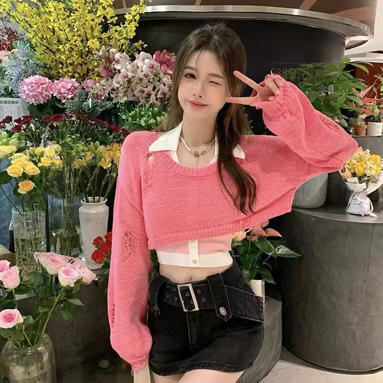 Áo Sweater Dệt Kim Tay Dài Thiết Kế Rách Thời Trang Mùa Thu Phong Cách Mới