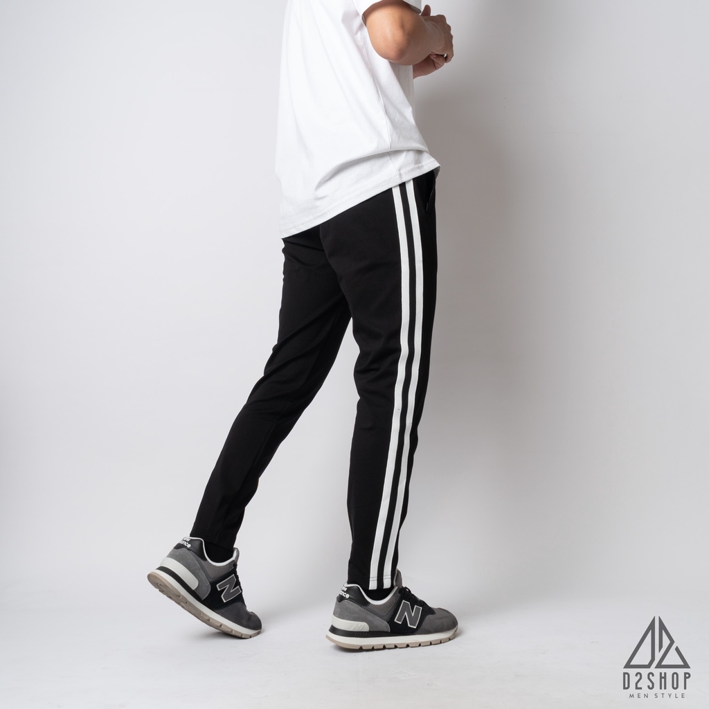 Quần thể thao nam D2shop, quần thun nam co giãn màu đen, 2 sọc trắng