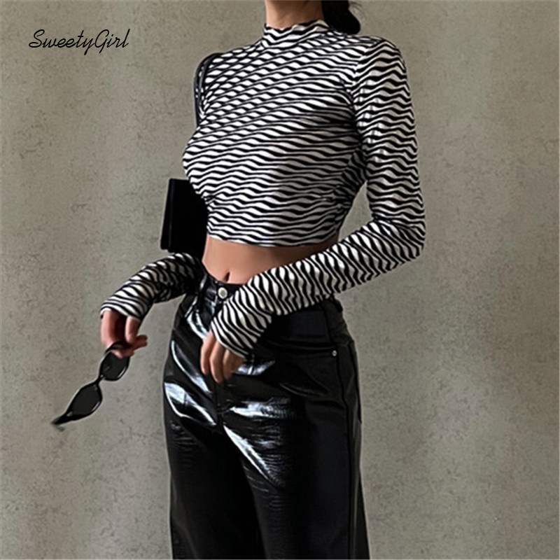 Áo crop top tay dài cổ tròn hở lưng in họa tiết kẻ sọc màu tương phản thời trang cho nữ