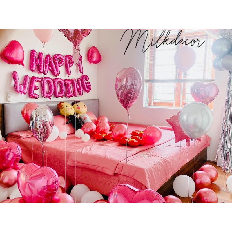 Set bóng bay trang trí phòng cưới, tân hôn đủ phụ kiện màu hồng Cc09