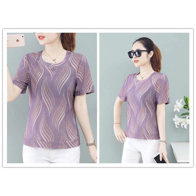 Áo thun tay ngắn dáng rộng in hoa thời trang mùa hè cho phụ nữ trung niên