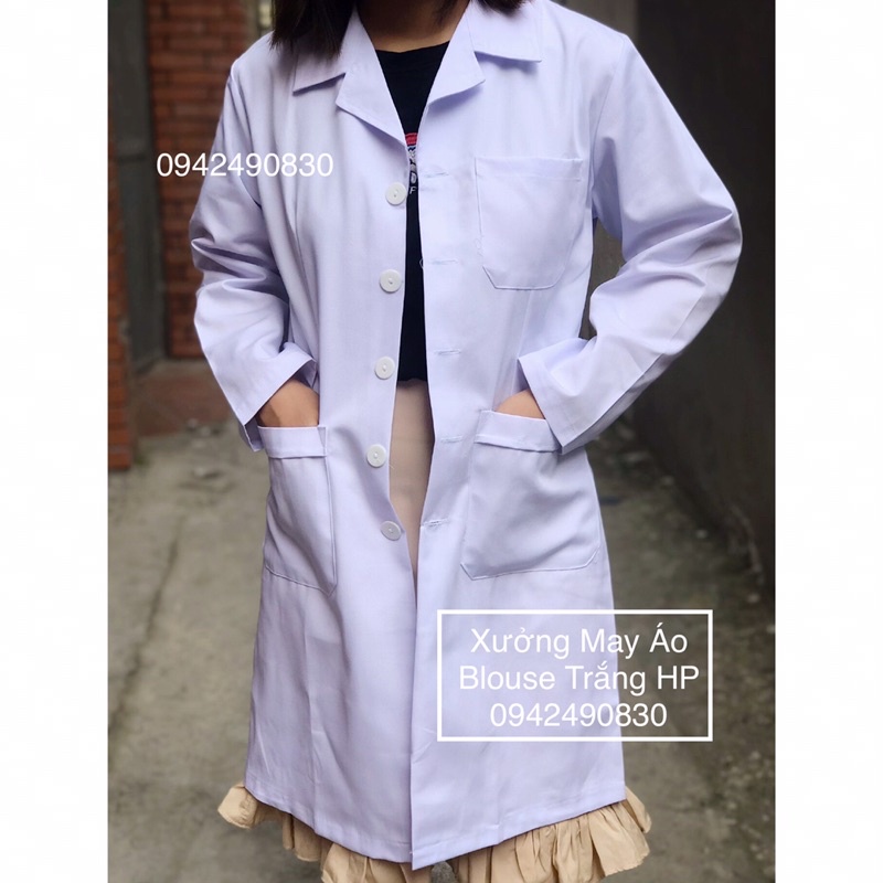 Áo blouse trắng nữ dài tay dáng dài cho bác sỹ, phòng thí nghiệm, thẩm mỹ viện, spa