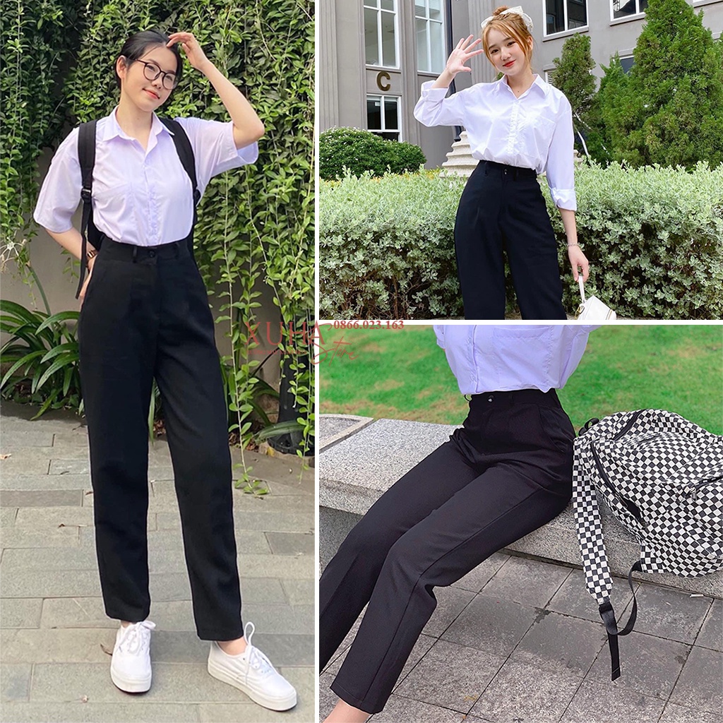 Quần tây nữ đi học lưng cao cạp có đỉa ống đứng suông màu Xanh Đen dáng quần vải baggy học sinh nữ đi làm dài đáy cao