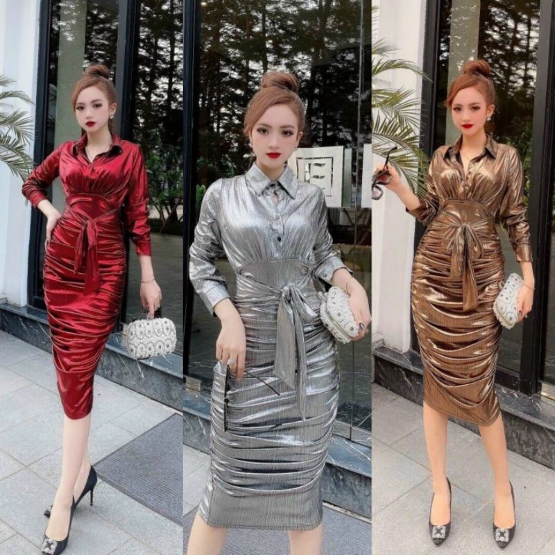 [Rẻ Vô Địch] Đầm Body Nhũ Ánh Kim Cao Cấp (Size S-M-L-XL) cổ sơ mi tay dài nhúng thân cột eo