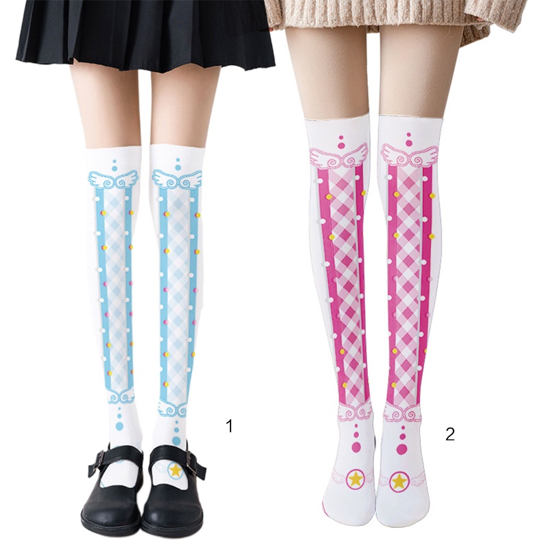 Tất Dài Qua Gối Họa Tiết Sọc Caro Đính Cánh Thiên Thần Phong Cách Lolita Dễ Thương