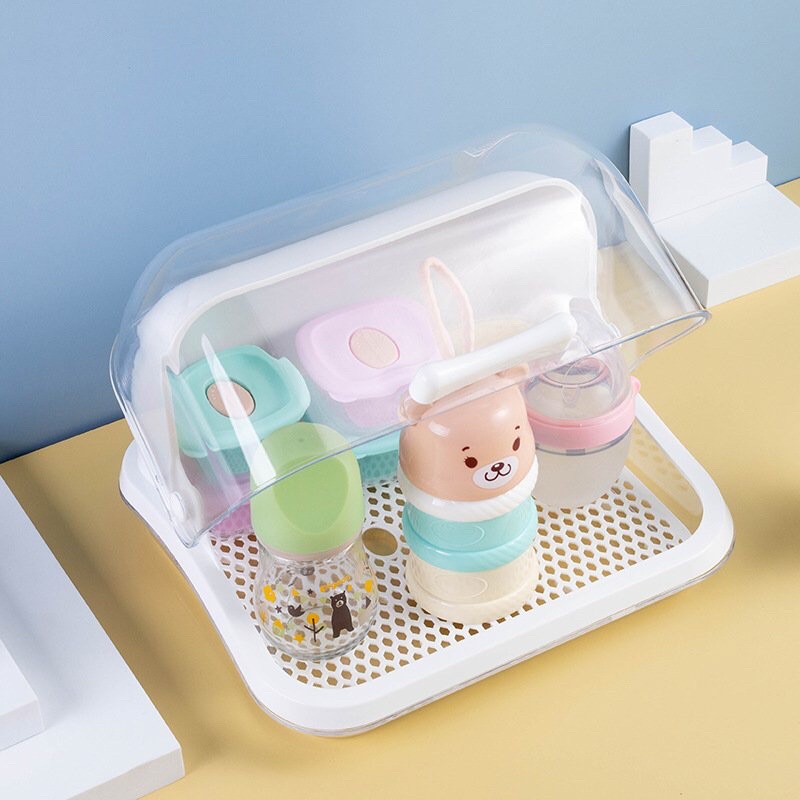Khay úp bình sữa ly cốc trong suốt cao cấp có khay thoát nước, giá úp bình sữa có nắp đậy an toàn