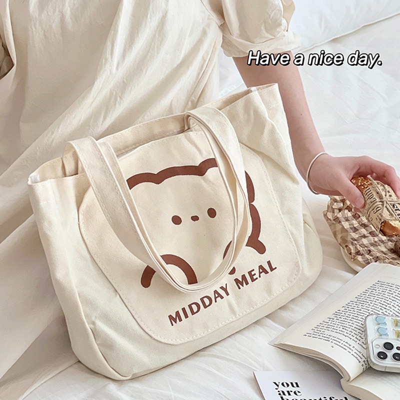 Túi Vải Canvas Đeo Vai Kiểu Dáng Đơn Giản Dễ Thương Dành Cho Nữ