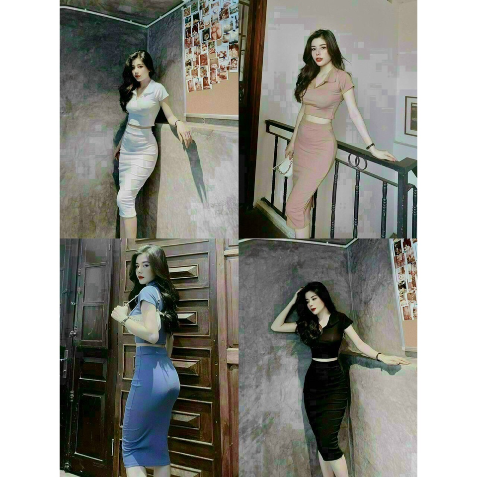 [ 8.8 Sales Freeship] Set váy thun borip ôm body, set áo cổ bẻ croptop mix chân váy dài đi chơi, dạo phố cá tính