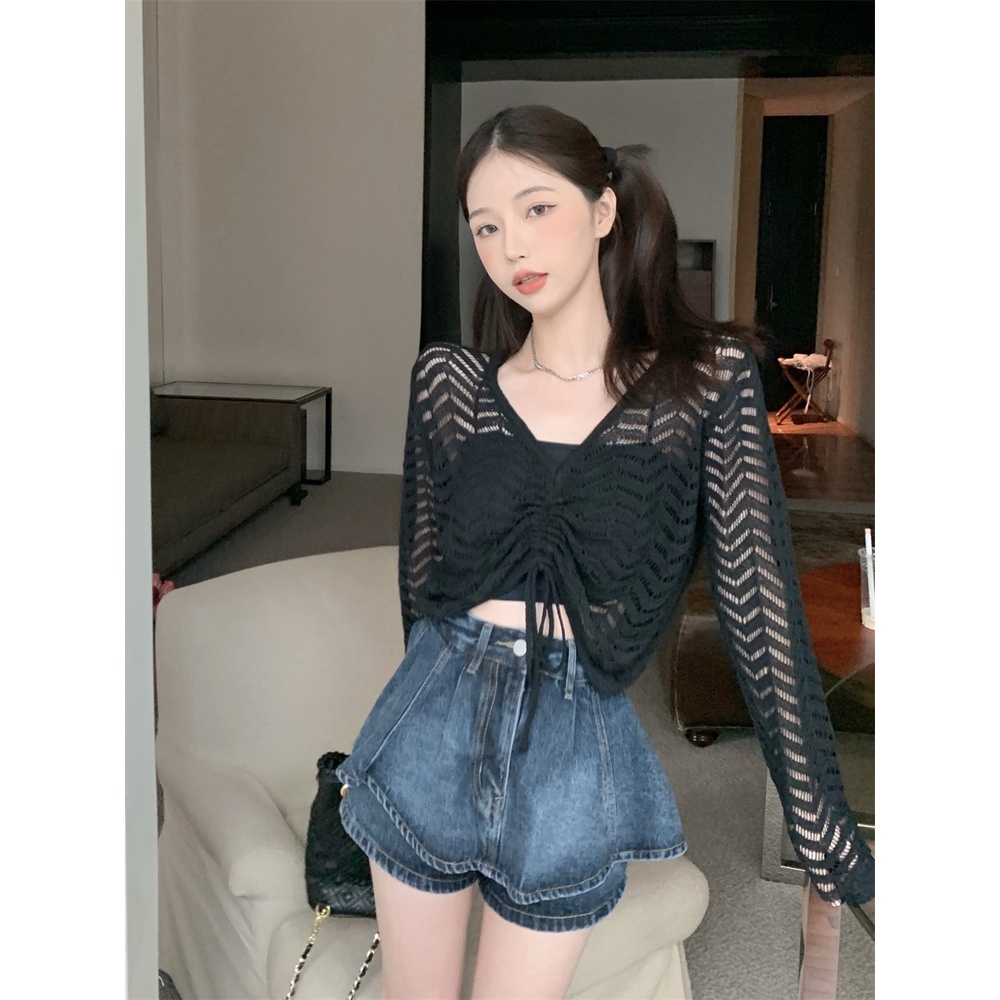 【ZHELIHANGFEI】Áo Dệt Kim Chống Nắng Lưng Cao Phối Dây Rút Trẻ Trung Quyến Rũ Dành Cho Nữ