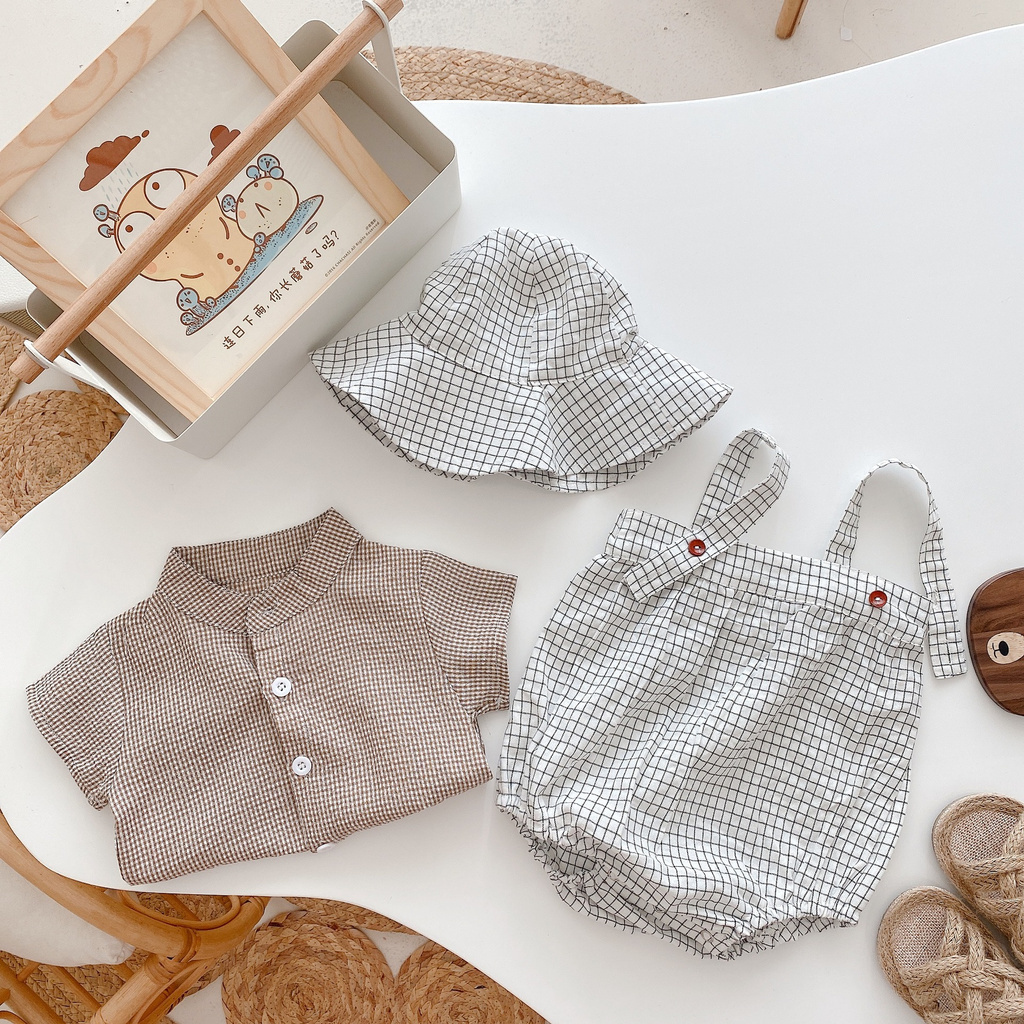Set áo sơ mi mũ và quần yếm họa tiết kẻ sọc xinh xắn dành cho bé trai sơ sinh