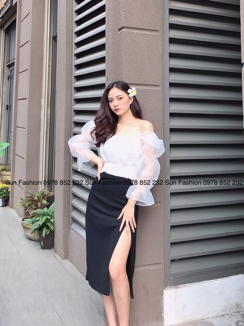 Chân váy chữ A dáng dài xẻ tà midi chất liệu tuyết mưa dày dặn Sun Fashion