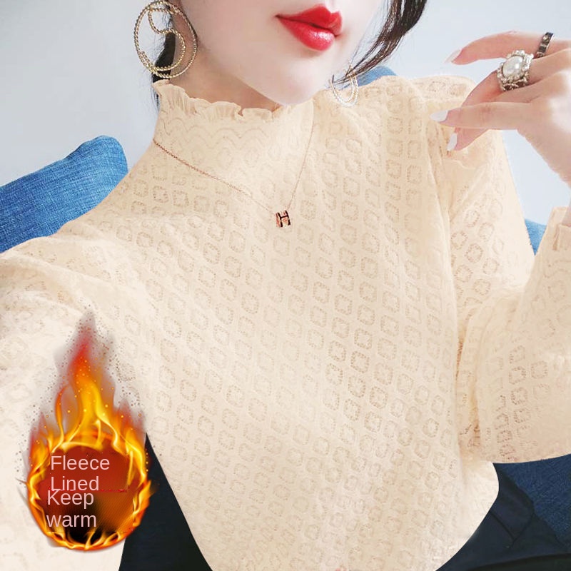 Áo nhung tay dài cổ cao phối ren cỡ lớn thời trang cho nữ