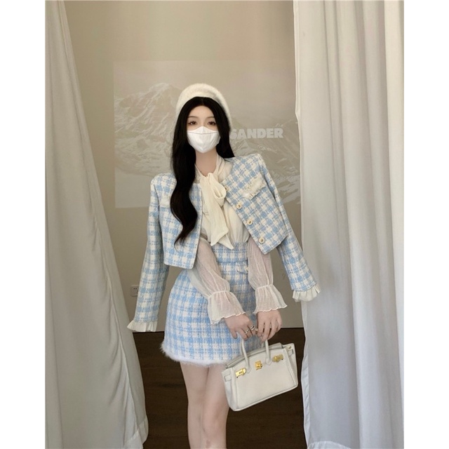 (SẴN) Set dạ xanh da trời kẻ tiểu thư