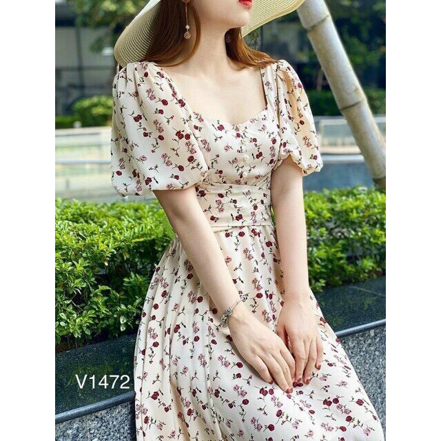 Đầm voan in hoa quả nhí dây kéo lưng đan chéo eo dịu dàng TTSA1026
