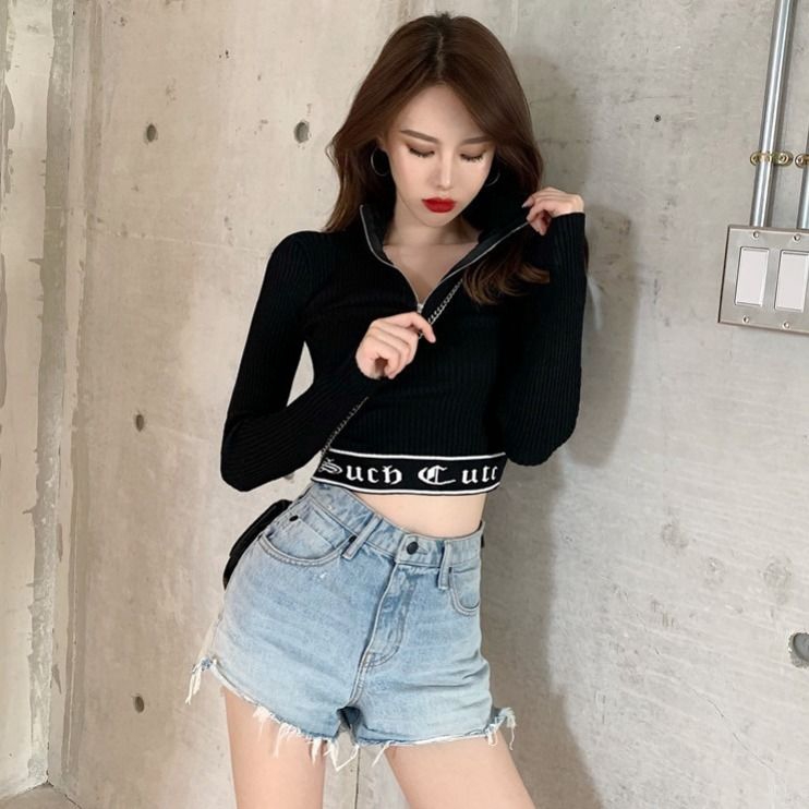 Áo Croptop Tay Dài Phối Khóa Kéo Thời Trang Cho Nữ