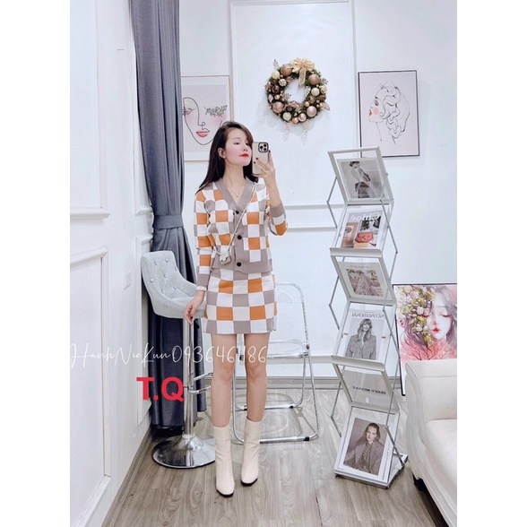 Set áo len cadigan kèm chân váy len QC cao cấp