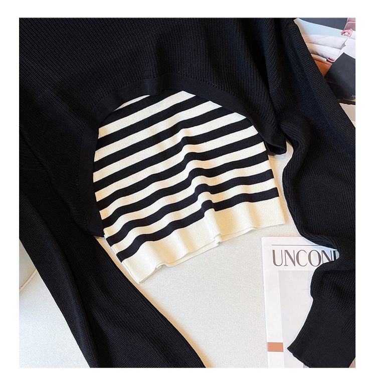 NUZIRO Bộ đồ  gồm áo dệt kim tay dài cổ tròn kẻ sọc và áo hai dây xinh xắn thời trang Hàn Quốc cho nữ (Có bán lẻ)