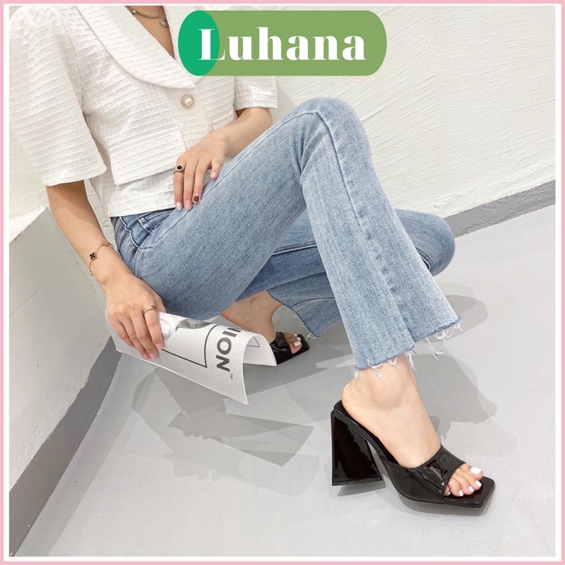 Giày guốc cao gót tam giác Luhana quai ngang hở mũi vuông thời trang siêu hot.Ms: Gót Tam Giác