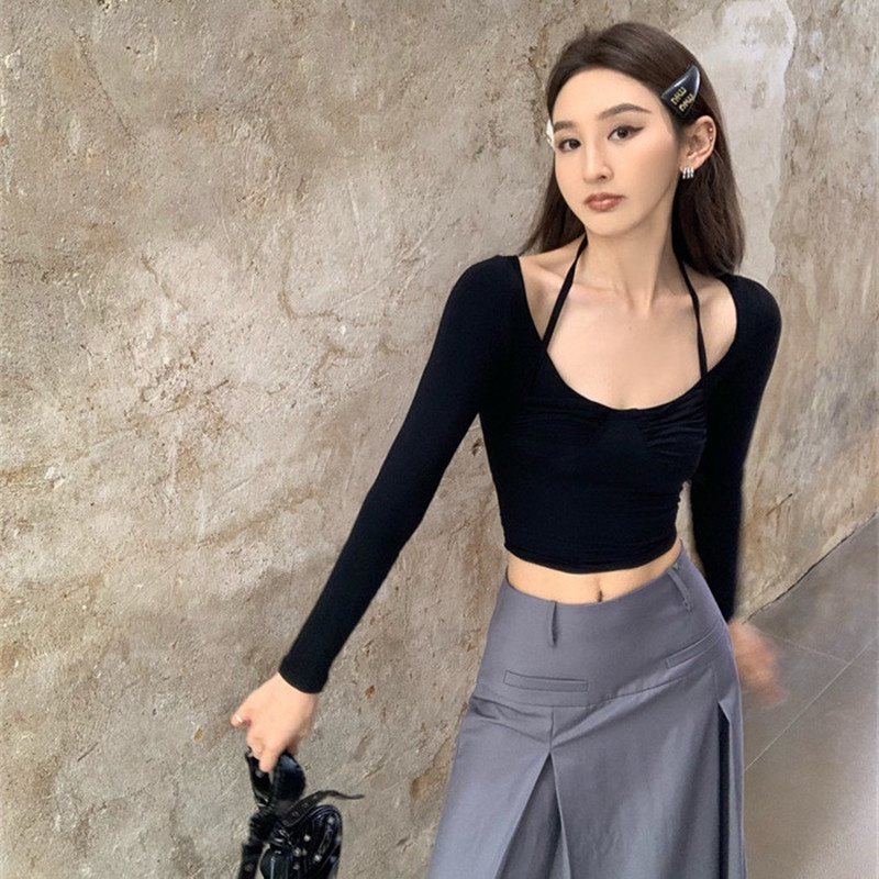 Áo Croptop Tay Dài Thiết Kế Ôm Sát Quyến Rũ Hợp Thời Trang