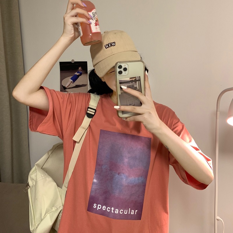 SUXI Áo Thun Ngắn Tay Cổ Tròn Dáng Rộng In Họa Tiết Đơn Giản Dễ Phối Đồ Thời Trang Mùa Hè Cho Nữ