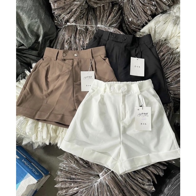 Quần short ulzzang cạp cao 2 cúc ống rộng chun lưng VER 2