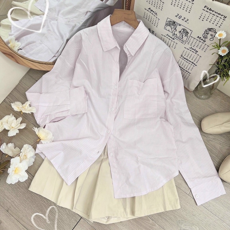 [Sẵn] Áo sơ mi sọc hồng + quần short nude xếp li style Hàn Quốc xinh xắn
