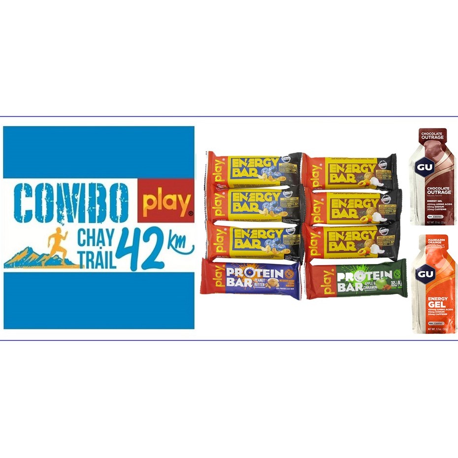 Combo dinh dưỡng thể thao - Thanh năng lượng PLAY, thanh protein PLAY, gel GU - Combo chạy bộ Trail 42km