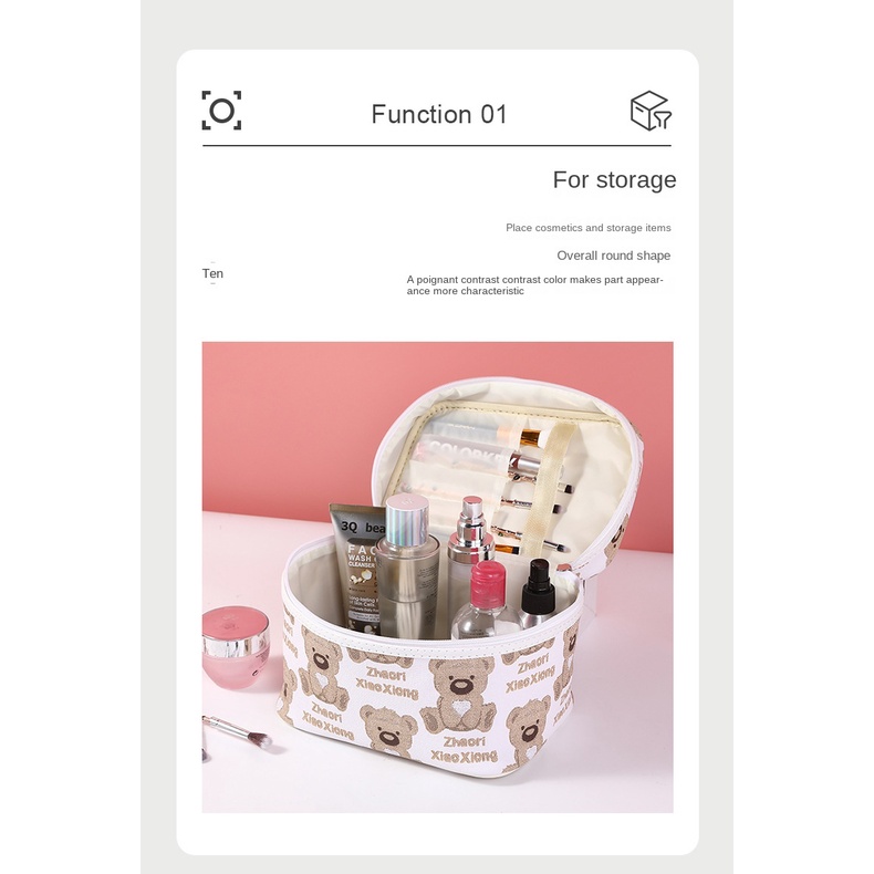 Túi Đựng Đồ Trang Điểm Cầm Tay Chống Nước Sức Chứa Lớn Có Khóa Kéo in Hình Gấu Dễ Thương