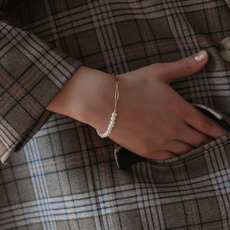 Bộ trang sức titan vàng mix hạt ngọc trai nhân tạo 6ly