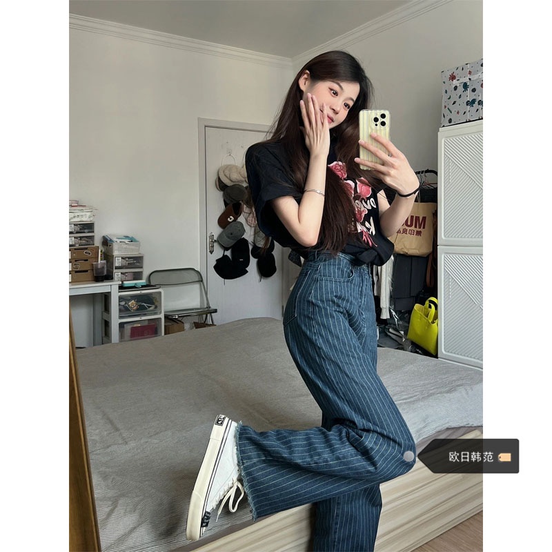 ✨Quần Jean Dài Lưng Cao Ống Rộng Họa Tiết Kẻ Sọc Phong Cách Retro Thời Trang Mùa Hè Cho Nữ