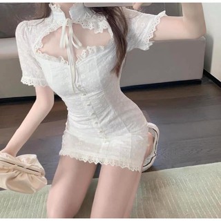 Đầm ren trắng nữ tay ngắn cung điện cổ tích công chúa ôm body cột dây ulzzang