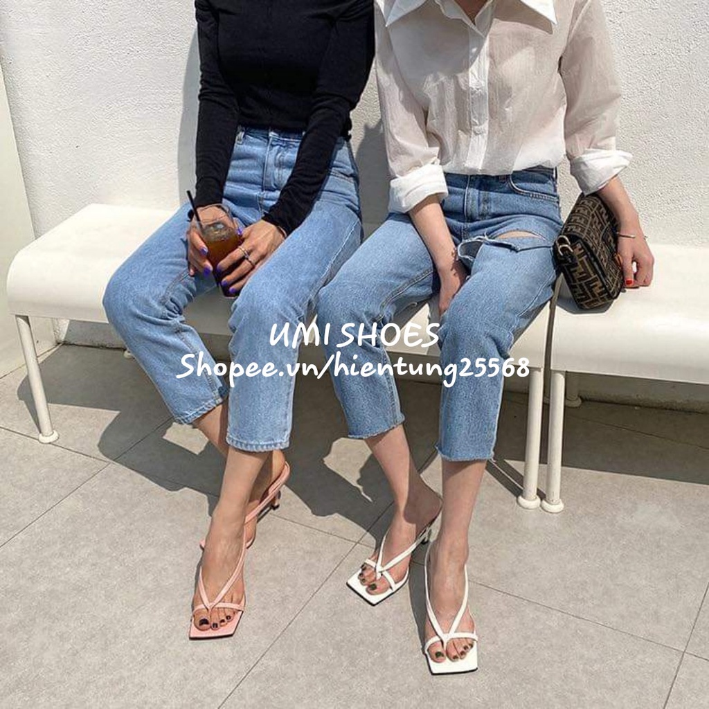 [LOẠI 1 -NOWSHIP] Guốc lê nữ cao gót 7p quai mảnh kẹp xỏ ngón màu đen/trắng phối đồ xinh bền đẹp đơn giản đi làm đi chơi