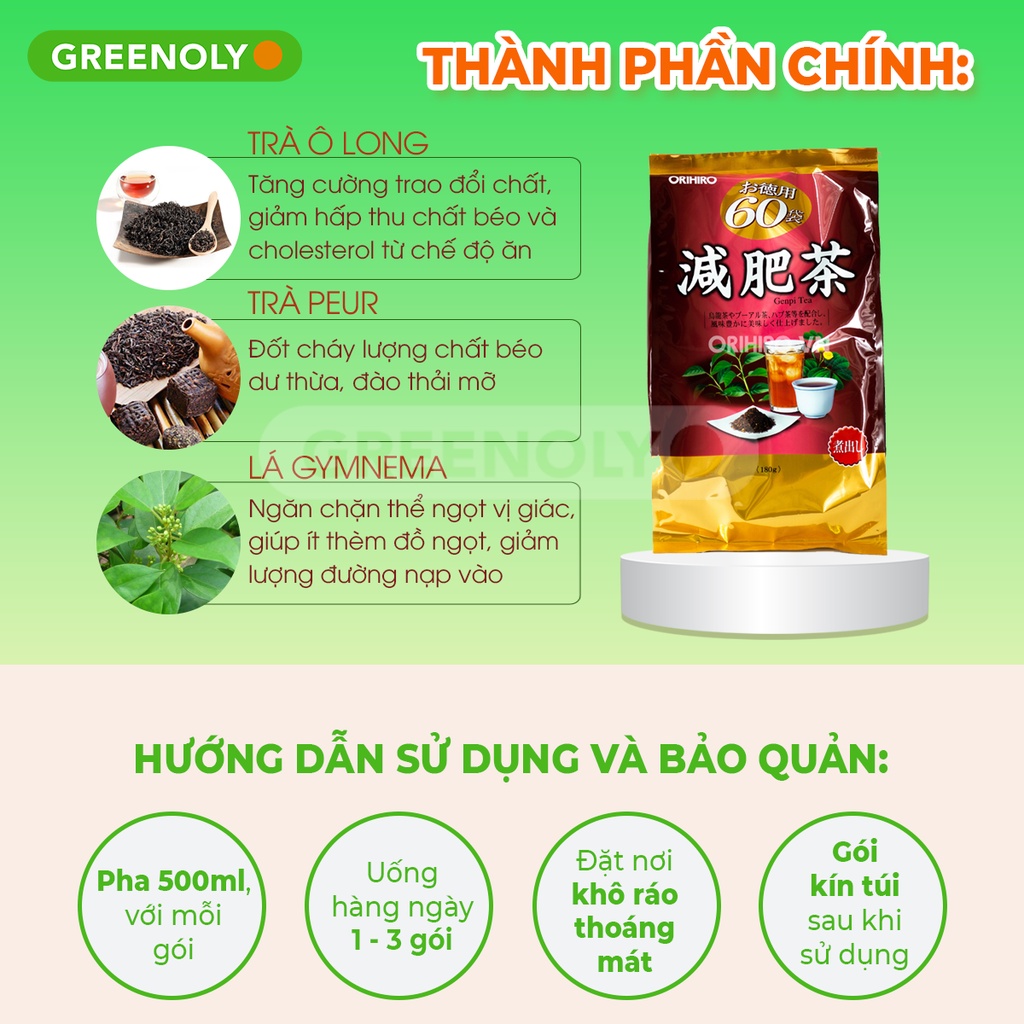 Trà giảm mỡ bụng Genpi Orihiro Nhật Bản hỗ trợ giảm béo, mỡ bắp tay và đùi, chống oxy hoá gói 60 - HSD 15/03/2025